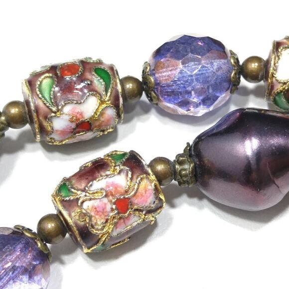 Purple Cloisonne Beaded Necklace, Faux Purple Pearls Czech Faceted Beads, 21 In. - Picture 6 of 8